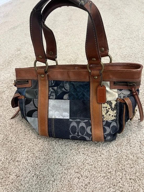 Coach Patchwork Signature Shoulder Bag in Brown and Blue - Picture 1 of 9